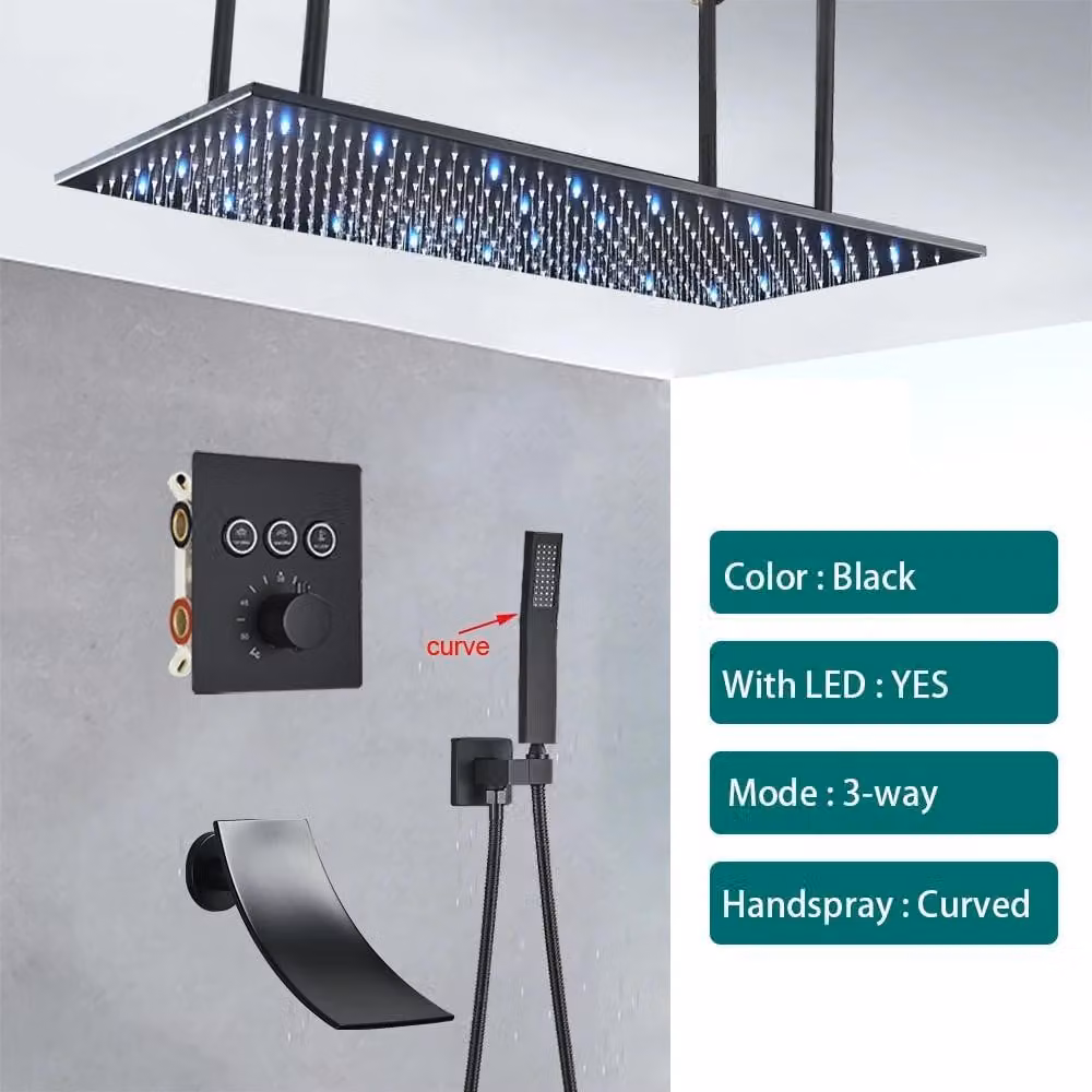 Set per doccia a soffitto - Sistema a incasso per doccia a pioggia - Bocchetta quadrata - Alimentata ad acqua con LED - Ottone - Nero - Set D