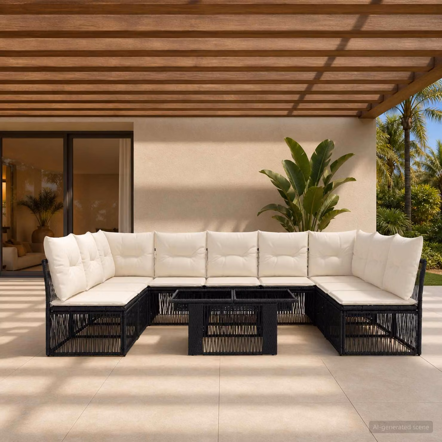 Set Divano da Giardino vidaXL 10 Pezzi a Forma di U con Tavolino, Colore Nero, Struttura in Acciaio e Polyrattan con Cuscini Inclusi
