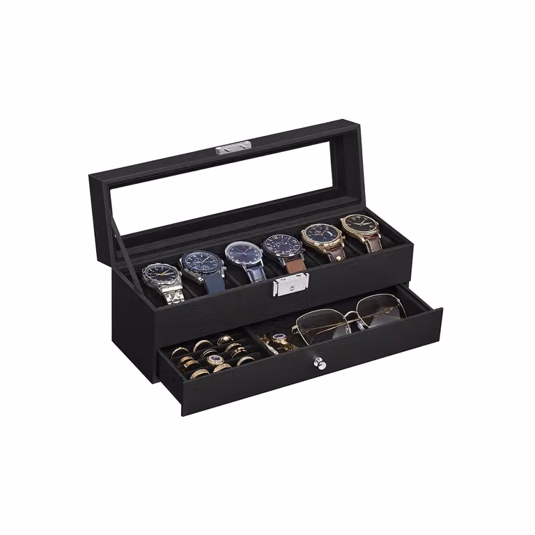 Porta Orologi a 6 Posti 2 Livelli con Chiusura Cassetto, Superficie in PU Nera + Interno Nero