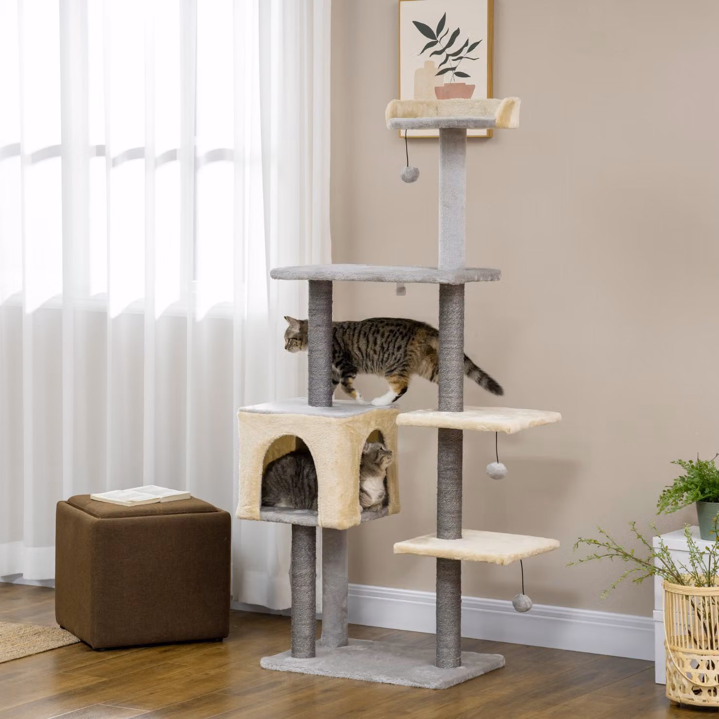 Tiragraffi per Gatti PawHut con Casetta, Amaca e Giochi Integrati, Pali in Sisal, Grigio, Altezza: 156 cm – 2