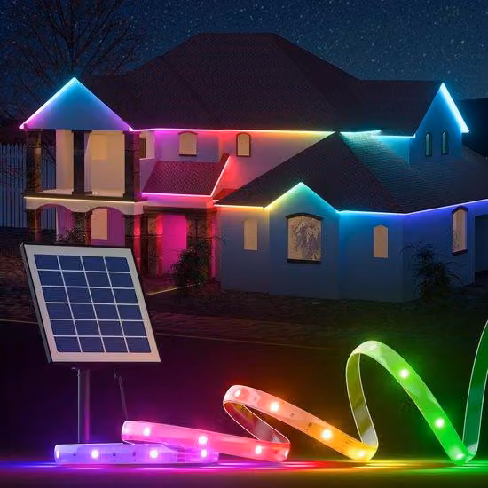Ibenzoa® Striscia LED solare (5 metri) – RGBIC, 16 colori, Bluetooth, angolo di illuminazione a 360°, impermeabile (IP67), pannello solare e batteria integrati, autonomia di 8-10 ore