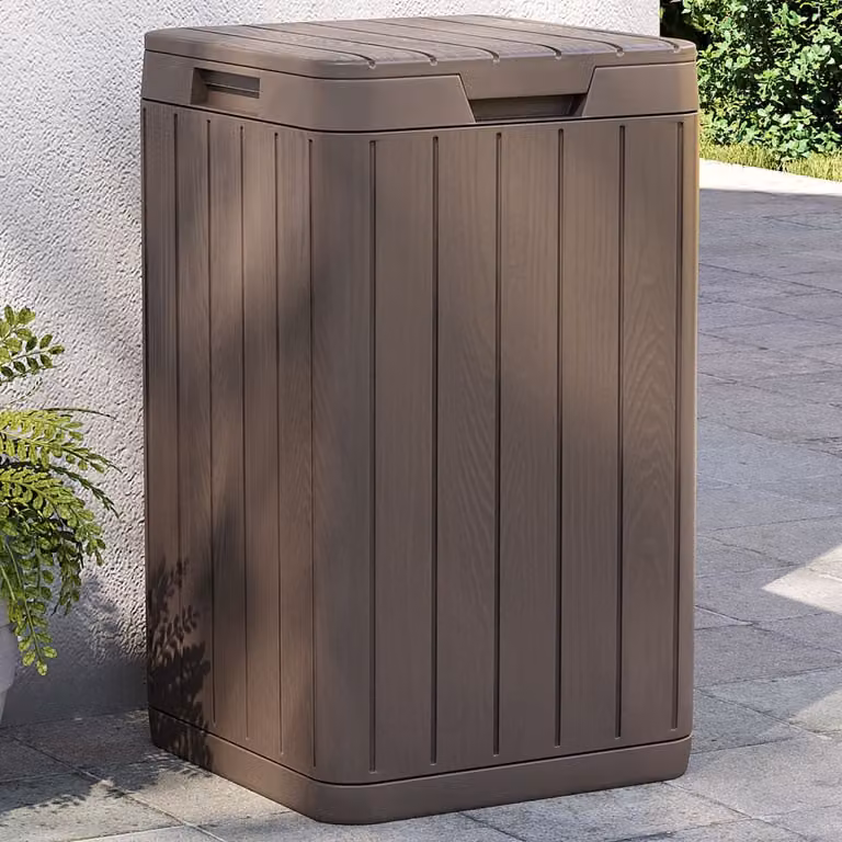 Cestino per rifiuti da esterno vidaXL marrone con coperchio a ribalta in plastica L/P/H: 38 x 38 x 65 cm
