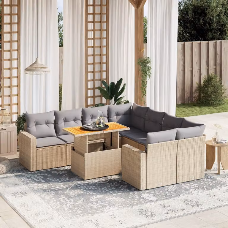 vidaXL Set Divano da Giardino a L 9 pz in Polyrattan con Cuscini Beige e Grigio