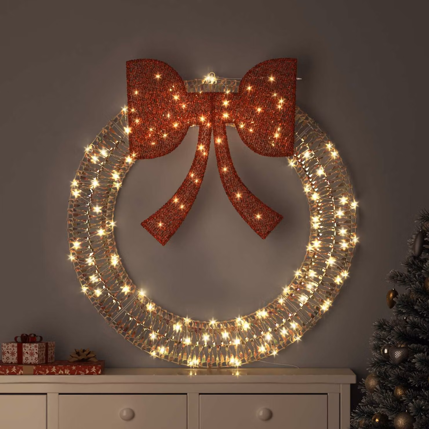 Ghirlanda di Natale vidaXL con 150 LED Bianco Caldo, L 120 cm x P 120 cm x H 10 cm, con Telecomando e Alimentazione USB