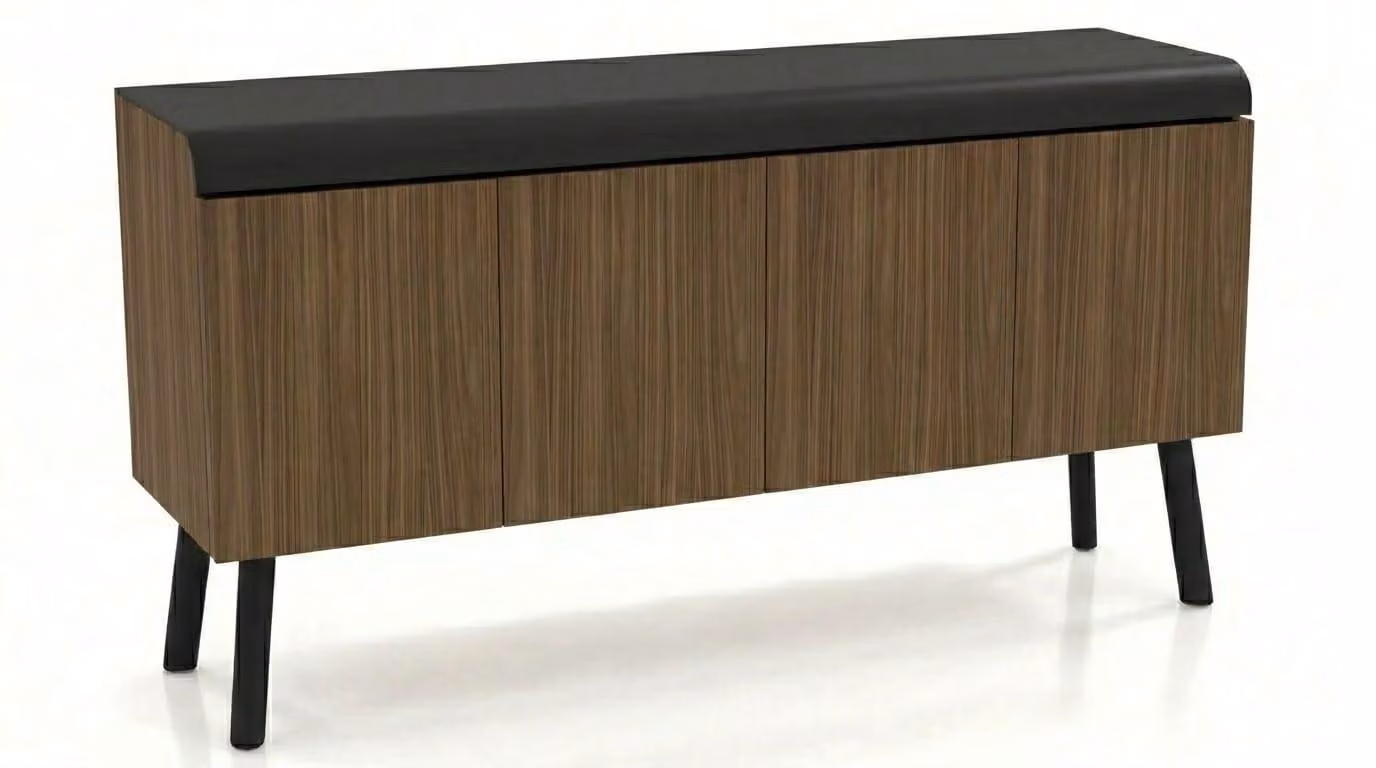 Elegante mobile contenitore laterale con finitura effetto legno e gambe nere, ideale per l'organizzazione e l'archiviazione