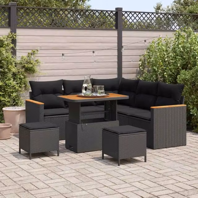 Set Divano da Giardino 8 pz 5-Numero di posti Nero Poly Rattan 3364994