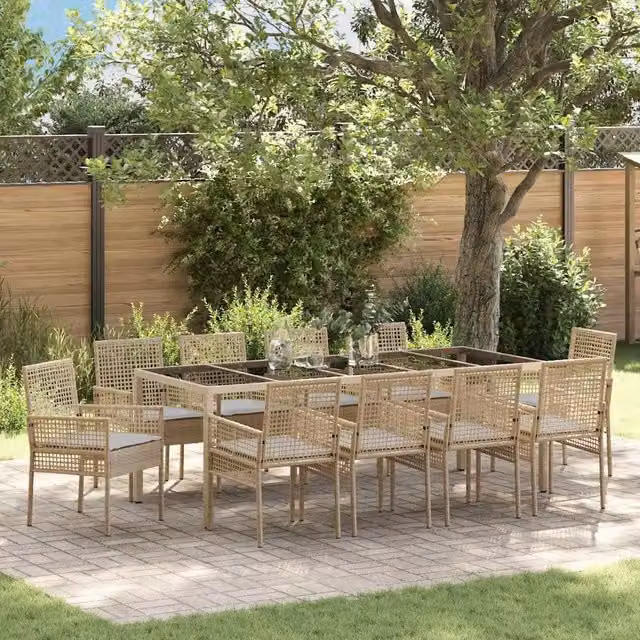 Set da pranzo per giardino e terrazzo vidaXL in polyrattan beige e grigio con tavolo in vetro, 11 pezzi