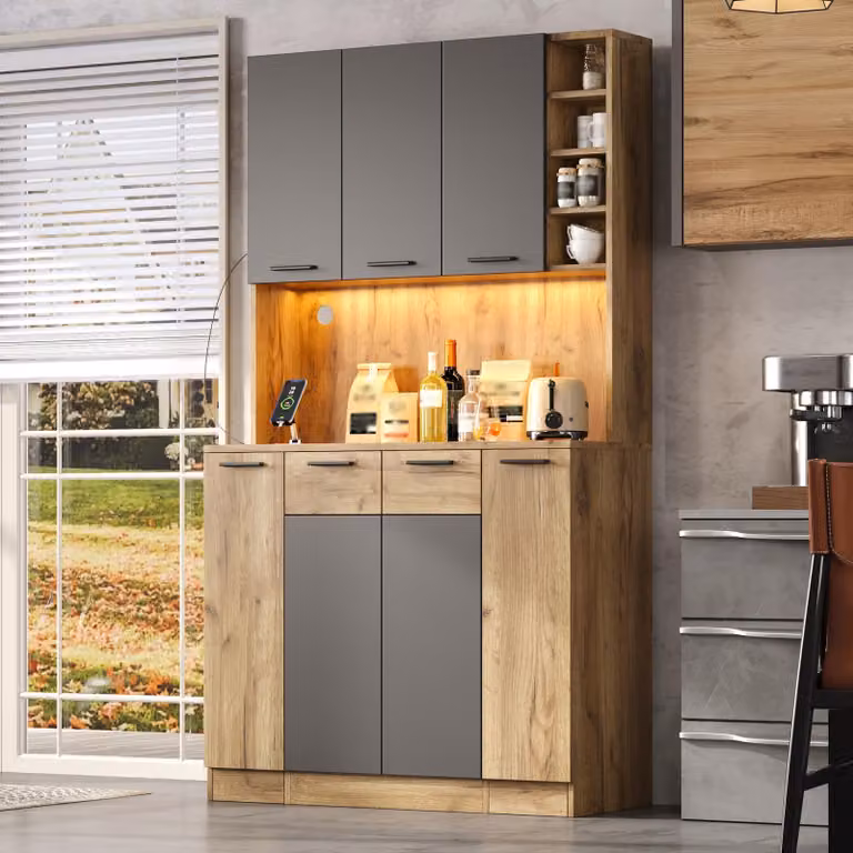 Armadietto da cucina con LED, scaffale da cucina con presa di corrente, scaffale verticale estensibile a 4 ripiani per spezie, mobile alto, mobile contenitore alto 100x40x180 cm, nero e naturale