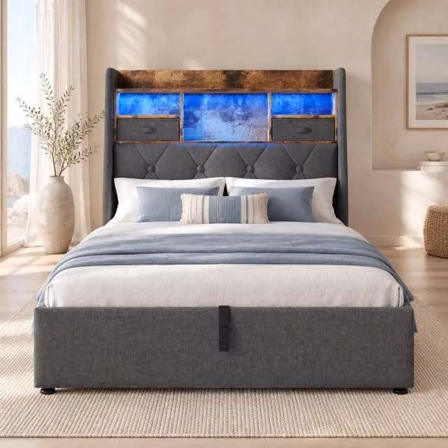 Letto singolo imbottito 90 × 200 cm con contenitore idraulico, LED, porte USB e Type-C, lino grigio senza materasso