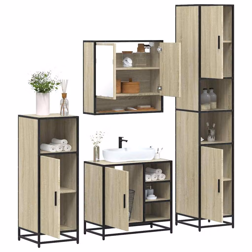 Set di mobili da bagno industrial vidaXL composto da 4 pezzi in legno e metallo, colore marrone e beige, con armadietto specchio a LED, mobile lavabo, mobile laterale e colonna alta