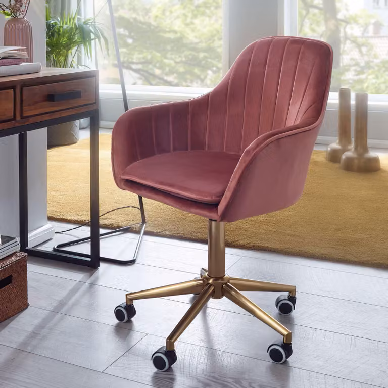 FineBuy Design: sedia da scrivania rosa con rotelle - rivestimento in velluto imbottito | Sedia da ufficio regolabile in altezza e girevole | Poltrona girevole