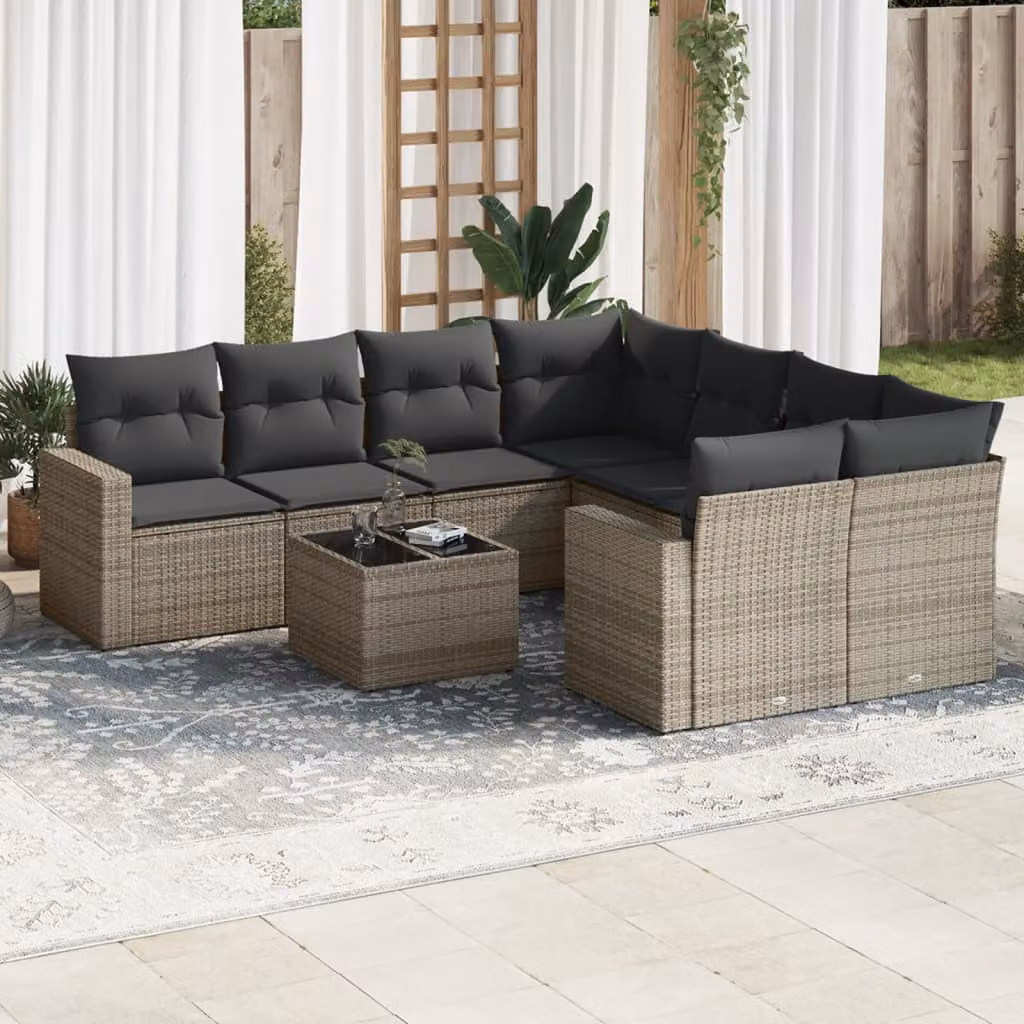 vidaXL Set Divano da Giardino 9 pz a L in Polyrattan Grigio con Cuscini e Tavolino da Esterno