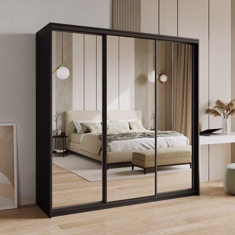 Armadio scorrevole Masseno RIEN 200/205/60 cm Armadio con cassetti Armadio per camera da letto a 3 ante con specchio Nero + Nero