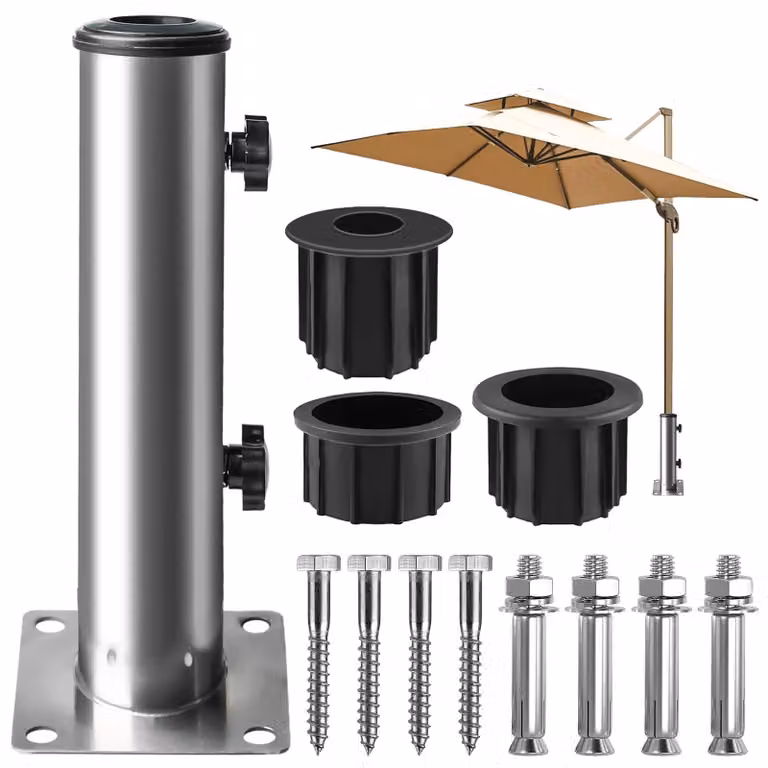 Omgoods - Base per ombrellone con ruote - Supporto universale per ombrellone - Base quadrata - Resistente agli agenti atmosferici - 3 adattatori (32/39/49 mm) - Materiali in acciaio di alta qualità - Supporto per ombrellone