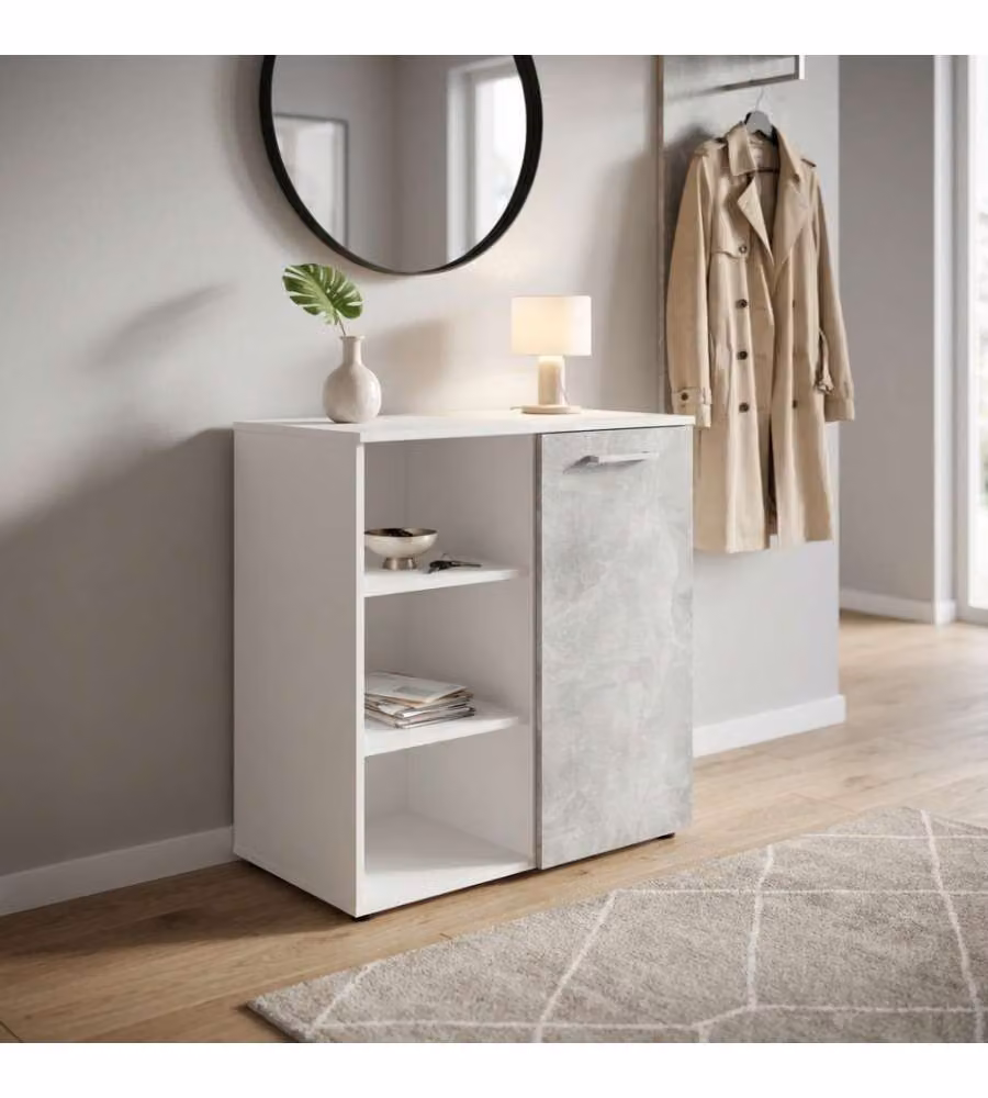 Mobiletto Ingresso Mark Bia con 1 Anta e Mensole, Bianco e Grigio, L: 68 cm, P: 35 cm, H: 87 cm