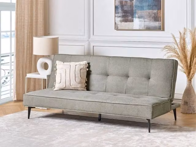 Divano letto Beliani in tessuto verde con funzione clic-clack e poggiatesta regolabile, design minimalista per soggiorno, 3 posti