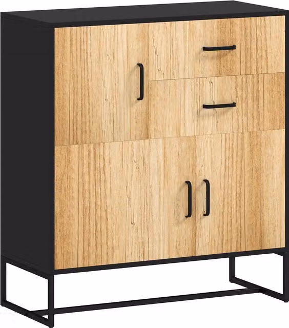 HOMCOM Credenza Moderna con 3 Armadietti e 2 Cassetti Soft-Close, in Legno e Metallo, L: 80 cm, P: 35 cm, H: 88 cm, Nero e Marrone