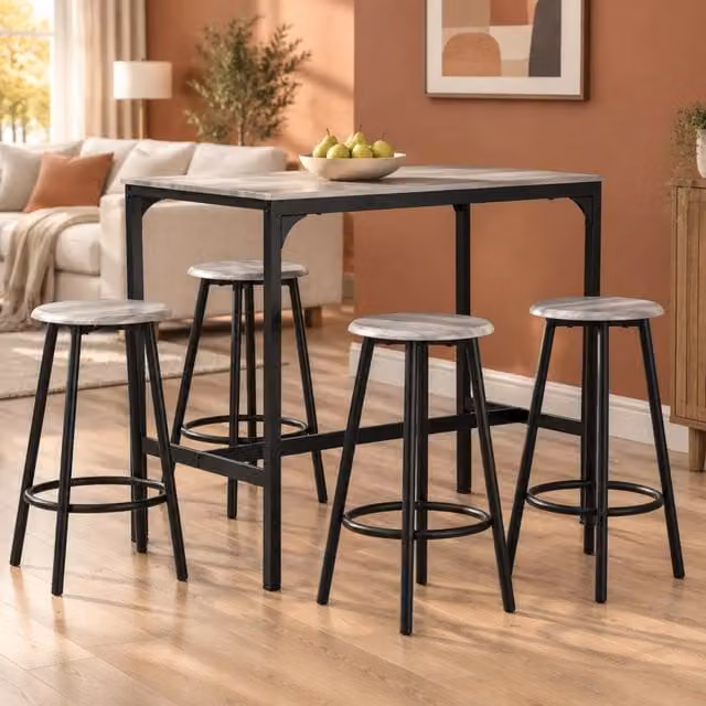 Set tavolo bar con 4 sgabelli salvaspazio in MDF grigio e metallo nero