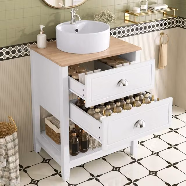 Mobile lavabo da bagno con lavandino in ceramica tondo, 2 cassetti e ripiano aperto, design sospeso, bianco e effetto legno