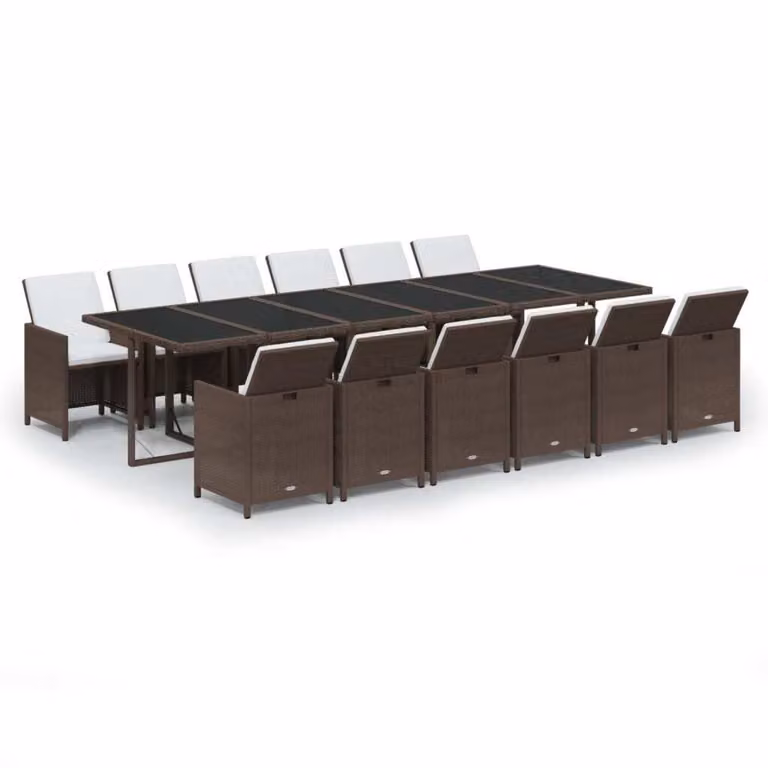 Set da Pranzo per Giardino 13 pz con Cuscini Polyrattan Marrone