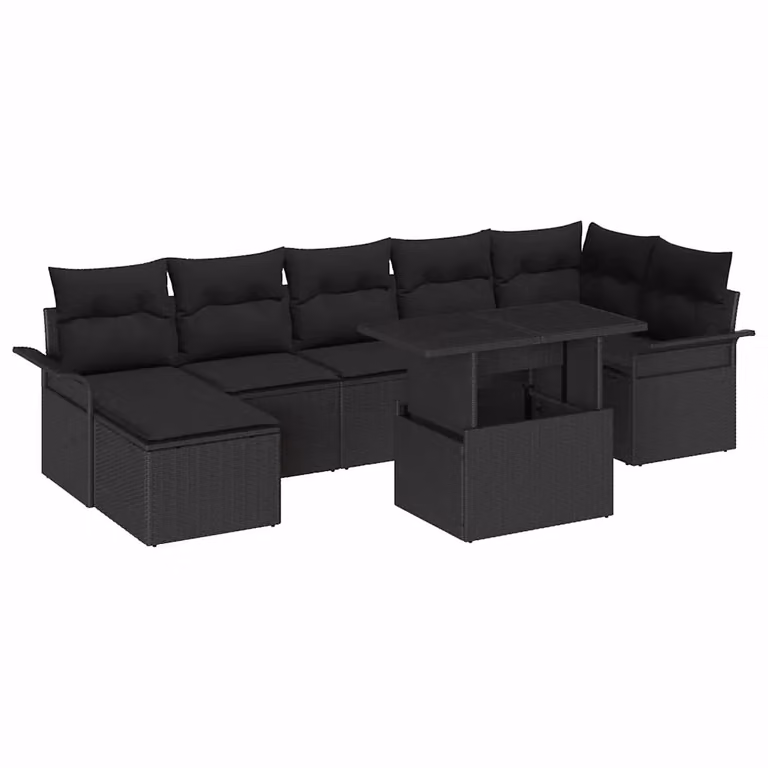 Set Divano da Giardino a L vidaXL 8 Pezzi in Rattan con Cuscini e Tavolino Nero