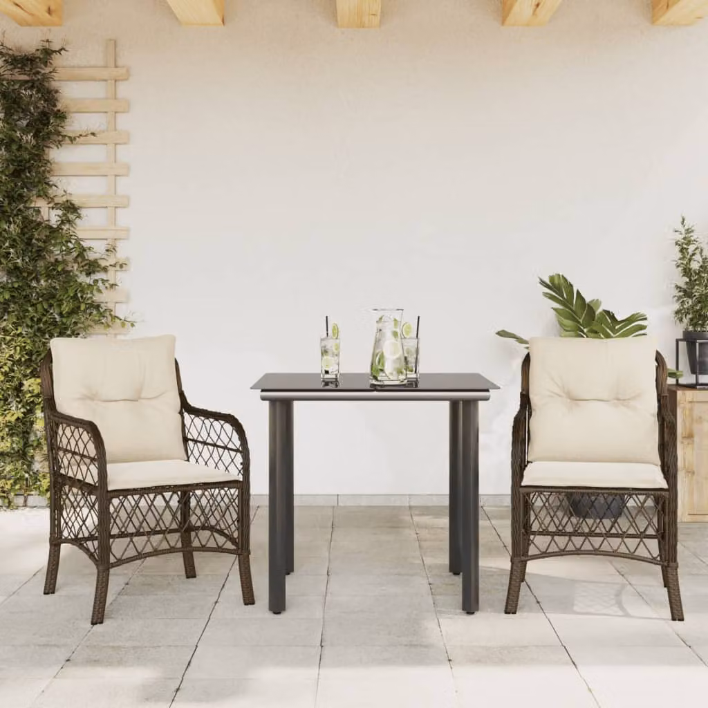 Set Bistrò vidaXL 3 pz in Polyrattan Marrone con Cuscini e Tavolo in Vetro per Giardino e Balcone – 1