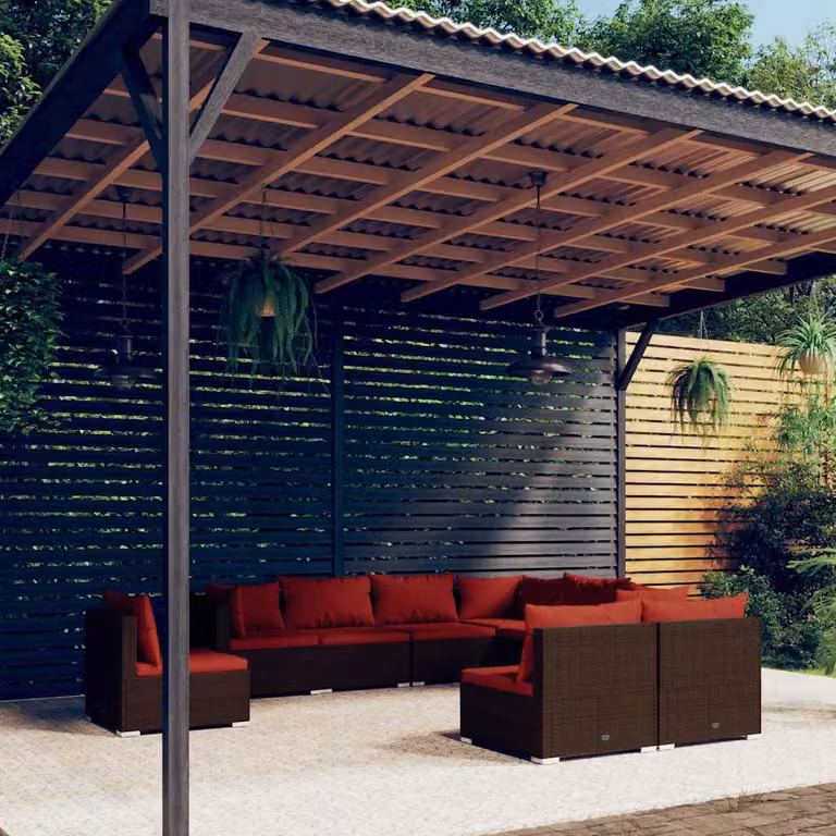 Set di divani da giardino vidaXL 9 pz in polyrattan marrone con cuscini e struttura in acciaio
