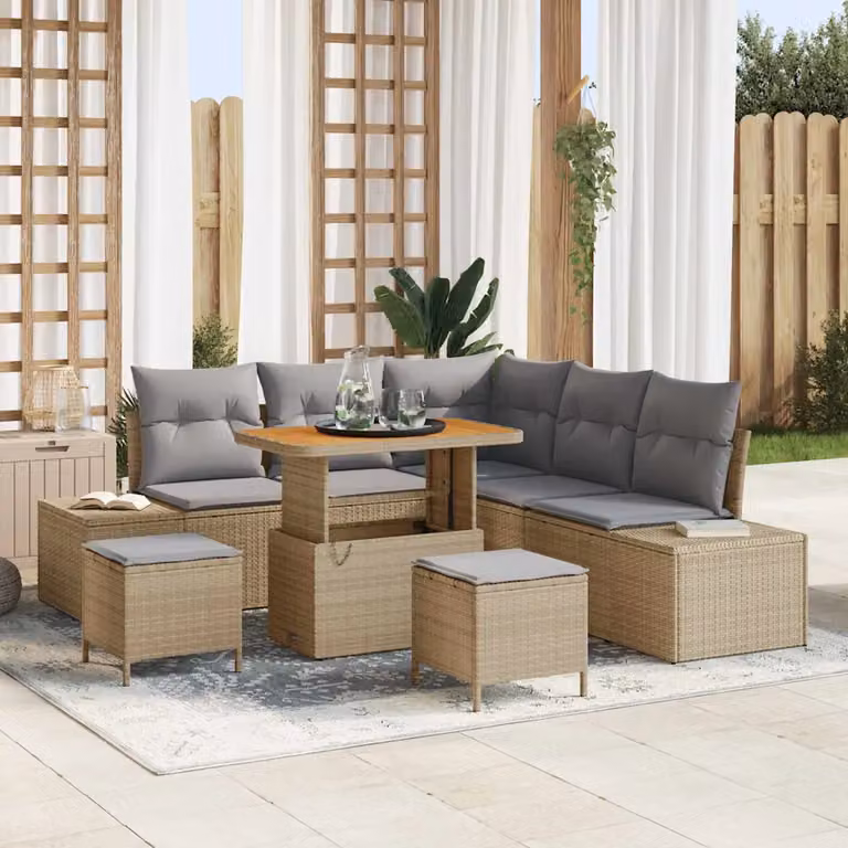 Set Divano da Giardino 8 Pezzi vidaXL Beige con Cuscini e Tavolino in Rattan e Metallo