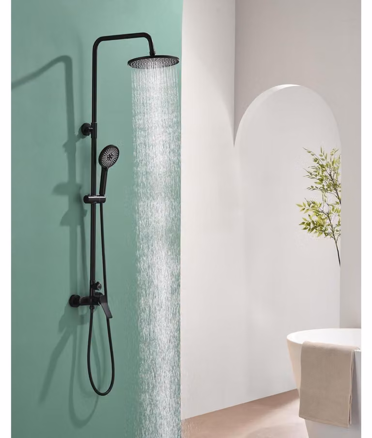 Kit completo per rubinetto doccia nero, con doccia a pioggia da 23 cm, 3 getti, miscelatore monocomando in ottone, regolabile in altezza da 90 a 120 cm