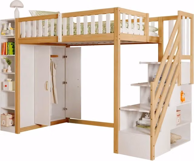 Letto a soppalco singolo REDOM per bambini con armadio, scaffali e scala, stile scandinavo, Bianco/Beige/Legno, L/P: 200 x 90 cm