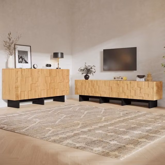 Set di mobili da soggiorno con mobile TV e credenza a 4 e 3 ante, vani contenitori in MDF e truciolare naturale