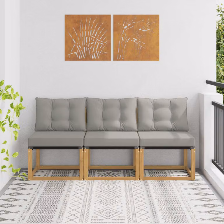 Set di 3 divani centrali da esterno vidaXL in legno di acacia con cuscini in tessuto textilene bianco e grigio