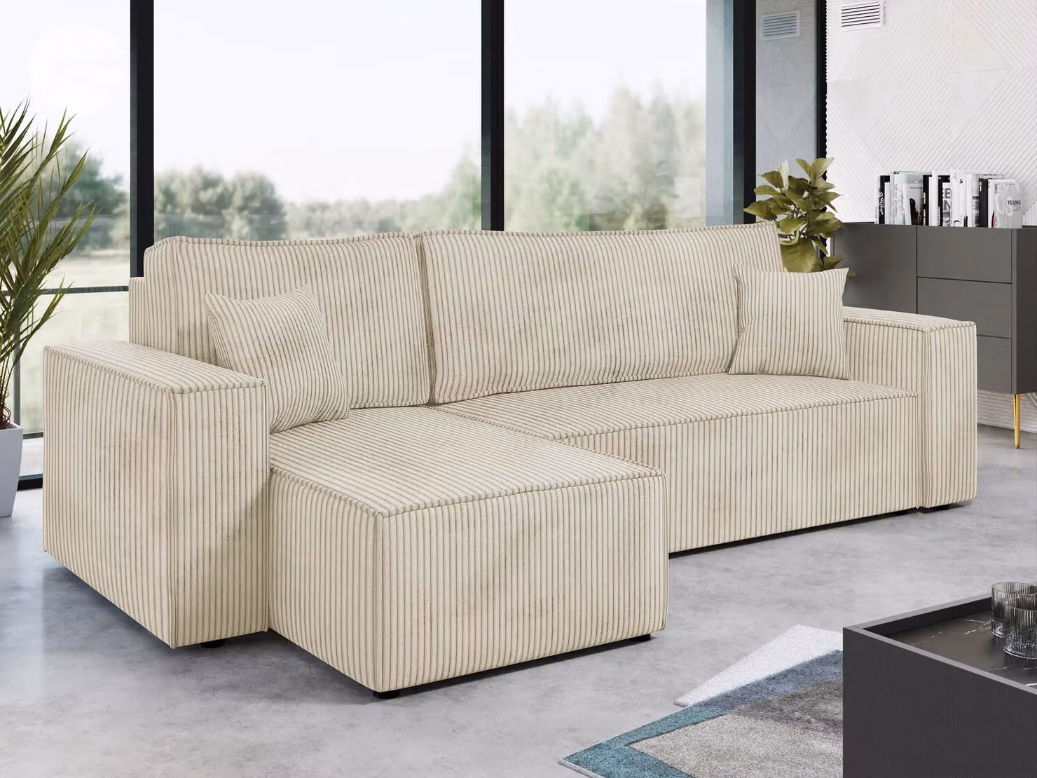 MIRJAN24 Divano ad angolo Karl in tessuto cord con contenitore e funzione letto, lato universale, schienale composto da cuscini mobili (colore: Poso 100)