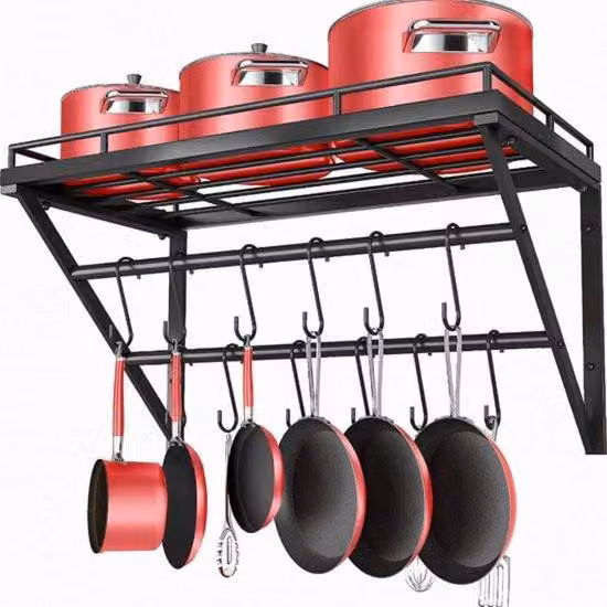 Organizer da cucina - Appendioggetti da parete - 60 cm - Metallo - 2 binari - 12 ganci - Nero