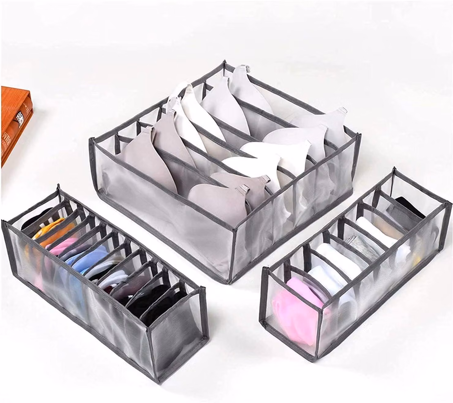 Organizzatori per cassetti - Set da 3 - Scatole pieghevoli per la conservazione, disponibili in diverse dimensioni - Ideali per calze, biancheria intima, abbigliamento per bambini e cravatte - Colore: grigio