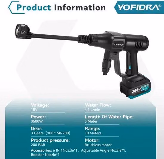 Idropulitrice 18 V 6 in 1 - Pistola ad alta pressione - Idropulitrice - Tubo da giardino - Lavacarrozze - incl. batteria da 18 V - max. 200 bar - 3 supporti - incl. tubo dell'acqua da 5 m