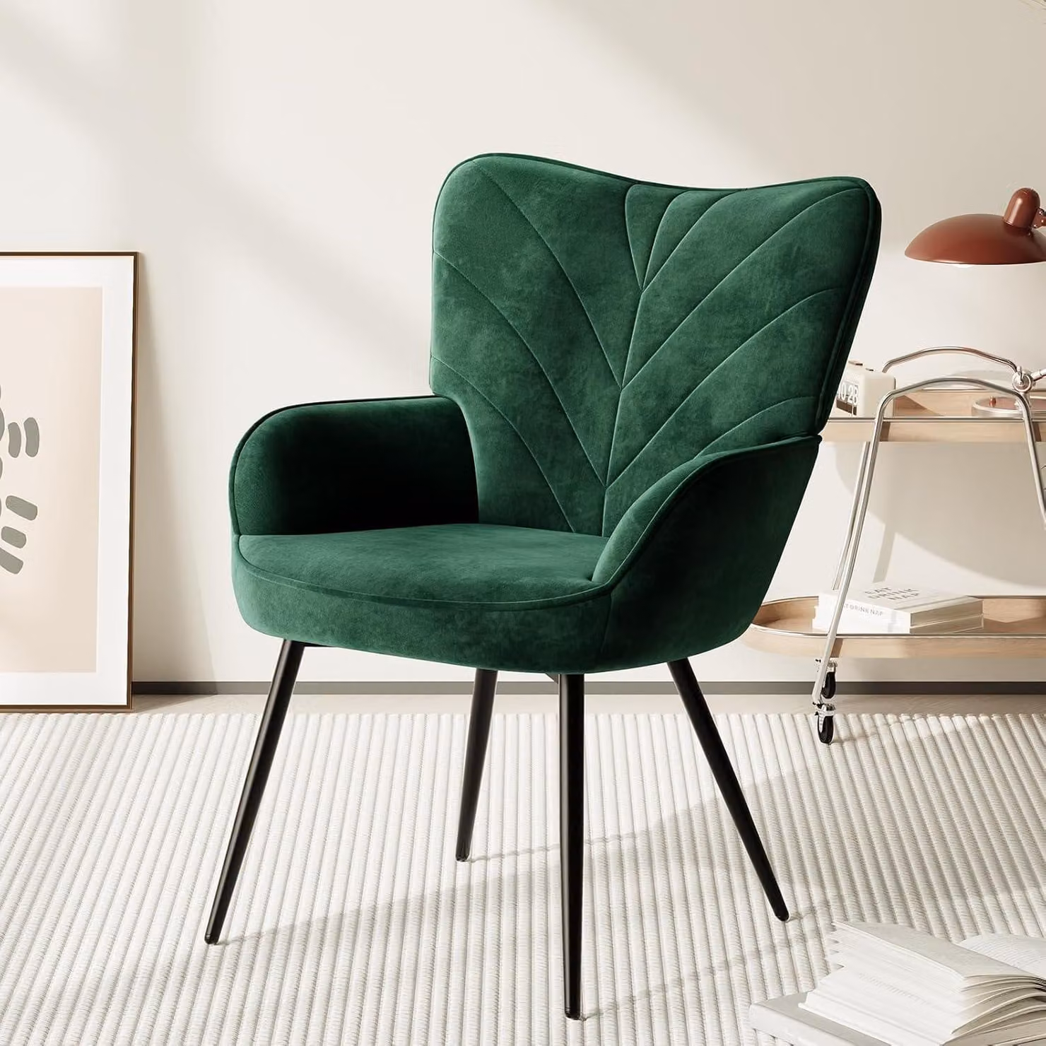Poltrona da soggiorno, rivestita in velluto con schienale alto, poltrona imbottita e confortevole con design "wingback", poltrona relax con gambe in legno per il soggiorno, ideale per la lettura