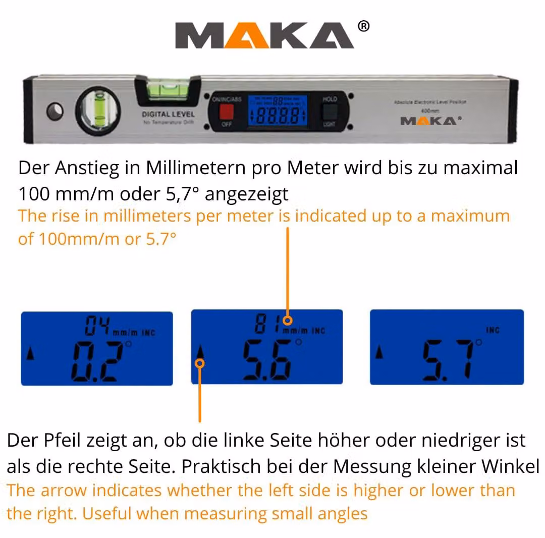 Livella digitale da 416 mm con base magnetica e indicatore di inclinazione