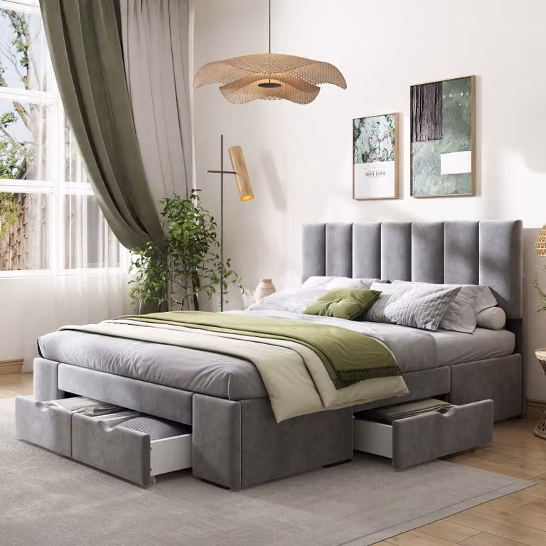 Flieks letto imbottito 140x200cm letto matrimoniale con 4 cassetti e rete a doghe, letto contenitore letto in legno letto per ragazzi letto funzionale letto in velluto