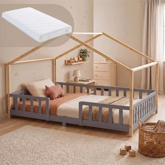 Letto per Cameretta Treviolo a Forma di Casetta in Stile Montessori con Materasso 120x200 cm - Grigio Chiaro/Naturale [en.casa]