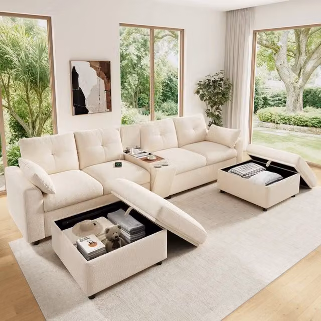 Divano angolare 6 posti con contenitore ¨C Minimal ¨C Beige tessuto chenille gambe in legno