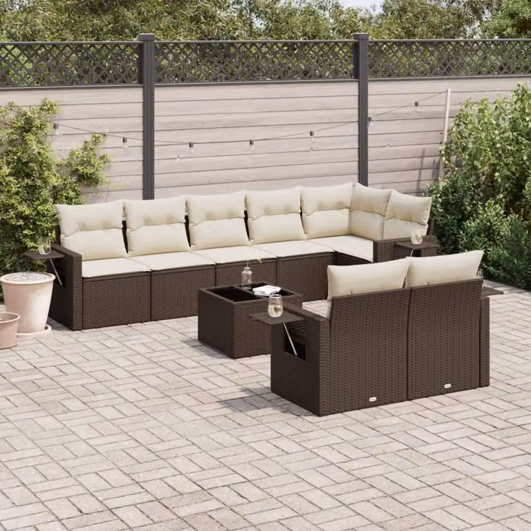 vidaXL Set Divani da Giardino 9 Pezzi in Polyrattan Marrone con Cuscini e Tavolino da Esterno
