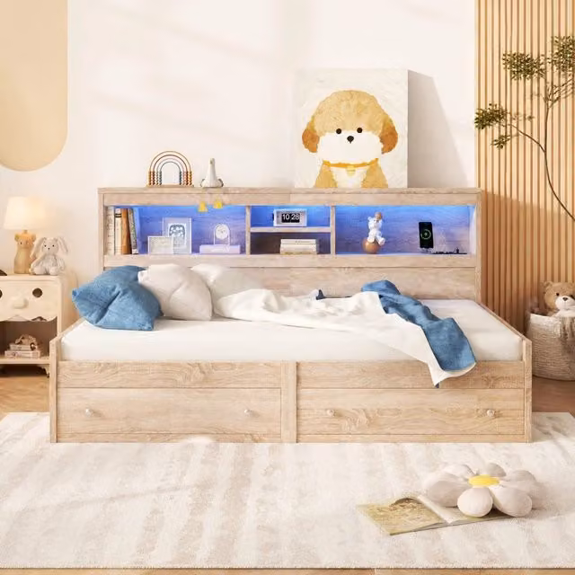 Letto a scomparsa moderno con cassetti, porta USB e illuminazione LED sottostante, colore beige, L/P/H: 200 x 90 x 115 cm
