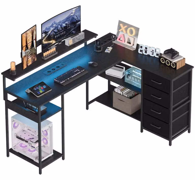 Scrivania angolare AIORBER con supporto per monitor e 4 cassetti; scrivania per computer con prese elettriche; scrivania da ufficio a forma di L, nera