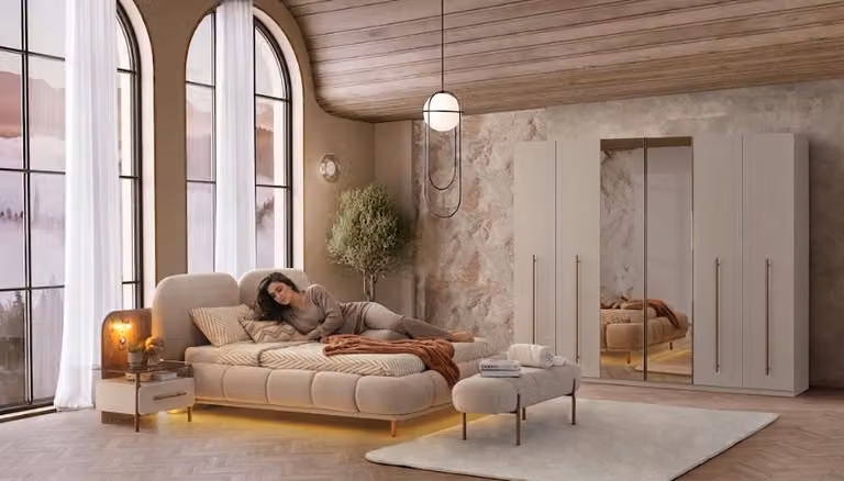 Set per camera da letto: letto, armadio, comò. Design moderno, colore beige, stile elegante