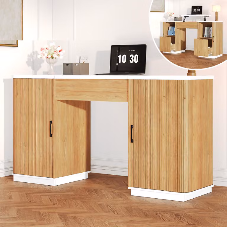 Scrivania STILVORA, dimensioni 140x50 cm, regolabile in altezza, con 2 cassetti. Scrivania per computer con 2 scomparti aperti e spazio contenitivo. Comodino con motivo a righe