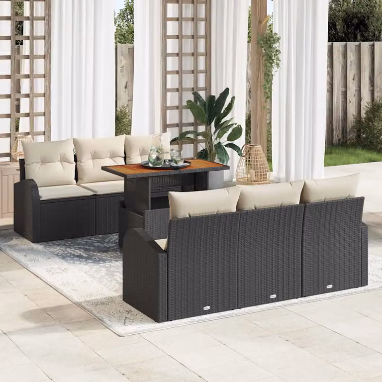 Set Divano da Giardino vidaXL in Rattan e Legno di Acacia, 7 Pezzi, Nero e Beige