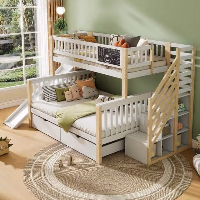 Letto a castello per bambini 90 × 200 cm e 140 × 200 cm, scivolo, lavagna e contenitori, senza materassi