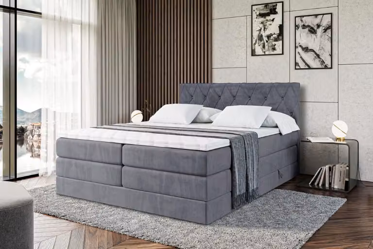 Letto boxspring ALTDECOR con materasso e rete a doghe - AMAY -BZ KING - 160x200 cm - Velluto grigio scuro - Topper, letto imbottito con contenitore, letto con vano portaoggetti H3 e H4 - Materasso, letto matrimoniale, letto boxspring