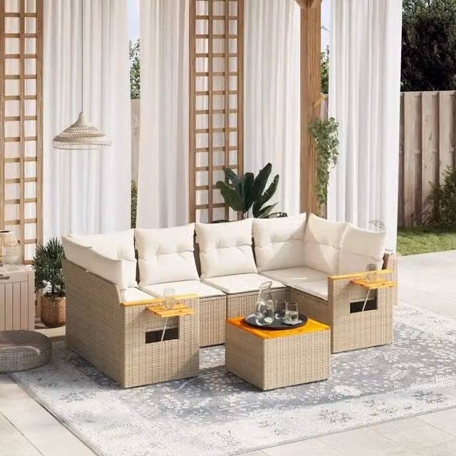 Set Divani da Giardino 7 pz con Cuscini Beige in Polyrattan 3259041